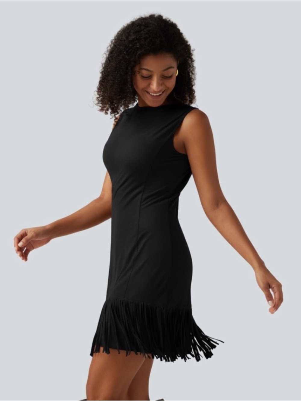 HALARA Black Sleeveless Fringe Mini Dress